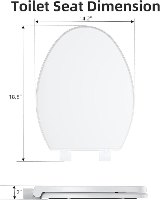 19" Elongated Toilet Seat with Quiet-Close Lid, Soft Close Slow Close Cover with Quick-Release & Quick-Attach Hardware, Full Flat White, Easy Clean Design, Grip-Tight Bumpers