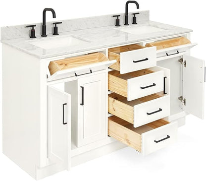 ARIEL Hepburn 60-inch Bathroom Vanity with Sink,Solid Wood, 0.75-inch Italian Carrara Marble Countertop, Double Rectangular Porcelain Sink, 4 Soft Closing Doors, 6 Dovetail Drawers, White