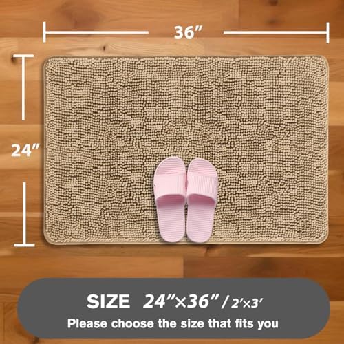 Beige Bathroom Rugs – Absorbent and Washable Bath Mat, Non-Slip, Thick Soft Chenille Bath Rugs for Bathroom Floor, Shower, Sink - 24" x 36"