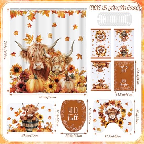 Honoson 8 Pcs Highland Cow Shower Curtain Set with Rugs and Towels