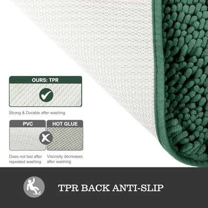 Yeaban Chenille Dark Green Bathroom Rug 24"x36", Non-Slip Rubber Backing