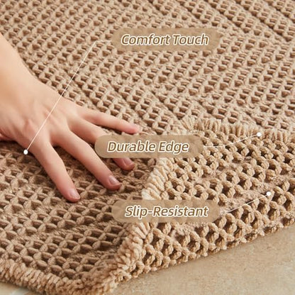 Sunfly Bathroom Runner Rug,Boho Herringbone Waffle Bath Mat Non-Slip Washable Super Absorbent Quick Dry, Farmhouse Bath Mat for Bathroom Floor Decor 24"x60" Khaki