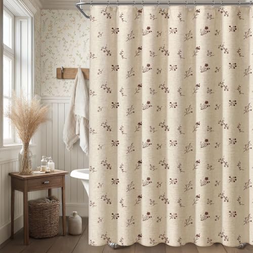 Brown Floral Vintage Linen Shower Curtain Embroidered Textured 72Wx72H