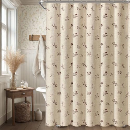 Brown Floral Vintage Linen Shower Curtain Embroidered Textured 72Wx72H