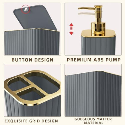 XLHOMO Bathroom Accessory Set - 26PC Bathroom Shower Curtain and Rug Set, Bathroom Accessories Set, Grey Bathroom Set with Trash Can, Toilet Brush, Qtip Holder & Soap Dispenser