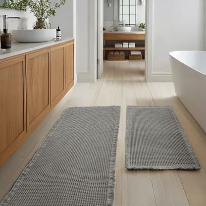 JIUZHEN Set of 2 Waffle Bath Mats Boho Bathroom Runner Rug 20"x32"+24"x48"