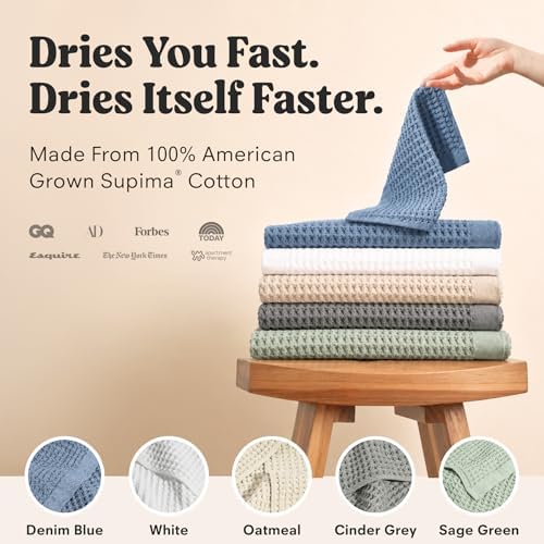 ONSEN Supima® Waffle Hand Towels, Quick Dry Lint Free 100% USA Cotton, Lightweight Absorbent Hand Towel Set, 16x30 in (Oatmeal, Hand Towel 2-Pack)