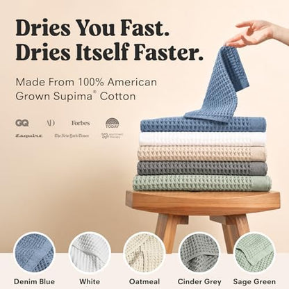 ONSEN Supima® Waffle Bath Towel Set, Quick Dry Lint Free 100% USA Cotton, Bath Hand and Face Towel Bundle, 3 Piece (Oatmeal, Bath Towel Set)