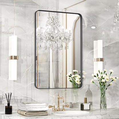 Fun Memories Black Bathroom Mirror 20x30 Inch Bathroom Vanity, Metal Black Frame Large Mirror, Modern Wall Mirror for Bathroom, Tempered Glass, Farmhouse, Horizontally or Vertically