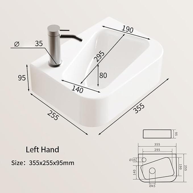 14"x10" Small Bathroom Sink Wall Mount Bathroom Sink Rectangle Ceramic Wash Basin floating Mini Vessel Sink for Bathrooms, Left Hand