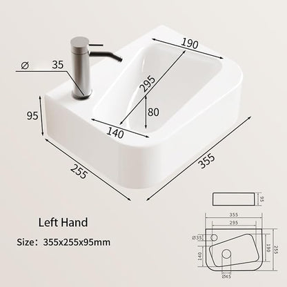 14"x10" Small Bathroom Sink Wall Mount Bathroom Sink Rectangle Ceramic Wash Basin floating Mini Vessel Sink for Bathrooms, Left Hand