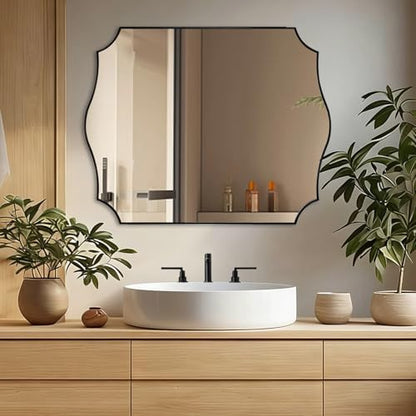 ANDY STAR 36"x48" Large Bathroom Mirror, Black Vanity Mirror for Bathroom Sink, Scalloped Mirror in Premium Stainless Steel Thin Frame, Elegant Curved Scallop Design, Ideal for Home Remodel