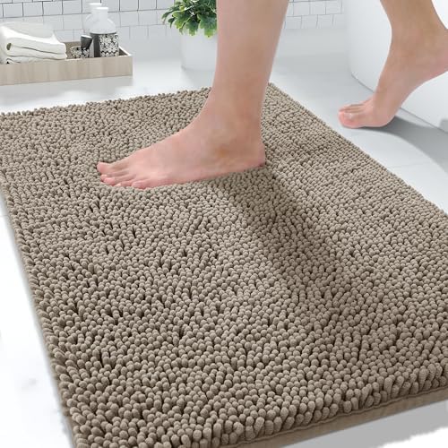 Yimobra Washable Bathroom Rugs, Super Soft & Absorbent Chenille Bath Mat for Floor & Carpet, Quick Dry Non Slip Bath Mat for Tub Shower, 32"x20",Camel