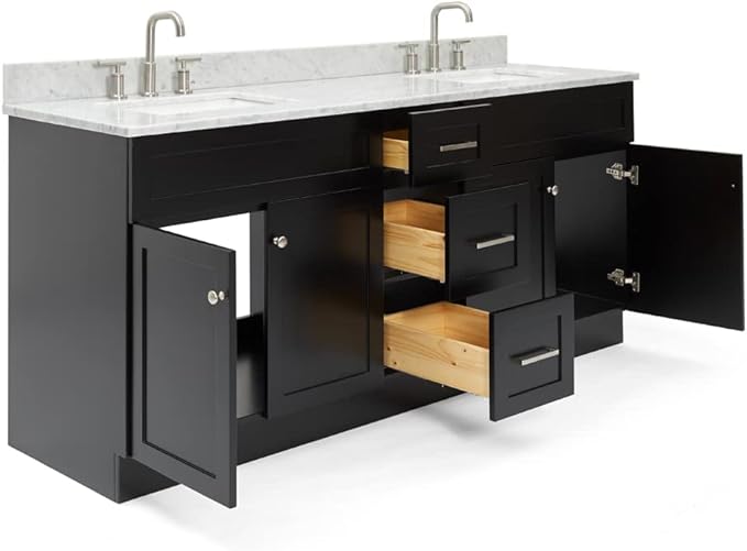 ARIEL Hamlet 72-inch Bathroom Vanity with Sink,Solid Wood, 0.75-inch Italian Carrara Marble Countertop & Backsplash, Double Oval Sink, 4 Soft Closing Doors, 3 Dovetail Drawers, Black