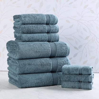 SUPERIOR Egyptian Cotton 9-Piece Towel Set, Assorted Towels for Home Bathroom, Guest Bath Decor Essentials, Includes 3 Bath, 3 Hand, 3 Face Towels/Washcloths, Quick Dry, Absorbent - Sapphire