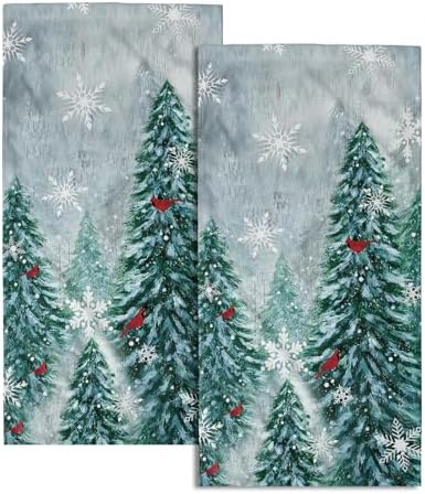 Winter Christmas Trees Hand Towels Set of 2, 28x14 Inch Nature Green Forest Mountain Birds Decorative Fingertip Towel Soft Absorbent Dish Cloths for Guest Gym Yoga Home Decor