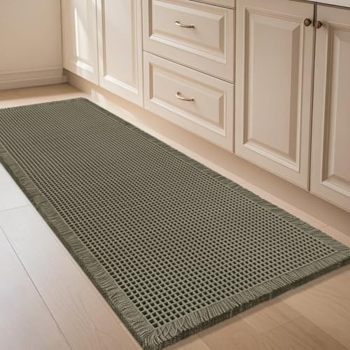 IM HOME Waffle Bath Mat Olive Green 4'x2', Boho Woven Modern Bath Mat Rugs, Absorbent Non Slip Bathroom Rugs, Soft Washable Bath Rugs with Tassels for Bathroom, Bedroom, Kitchen, Shower, Tub
