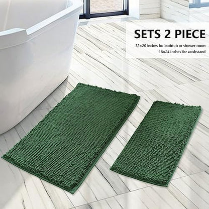 BOANKODU Bathroom Rugs Sets 2 Piece, Extra Soft Chenille Bath Mat Absorbent Bathroom Rug, Bathroom Mat with PVC Non-Slip Bottom, Machine Washable Bath Rugs (32x20 Inch + 24x16 Inch, Dark Green)