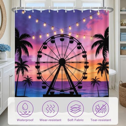Romantic Gradient Purple Shower Curtain with 12 Hooks, Machine Washable Coastal Shower Curtain with Weighted Hem, Beach Ferris Wheel Design Waterproof Shower Curtains for Bathroom Decor, 72x72 Inch