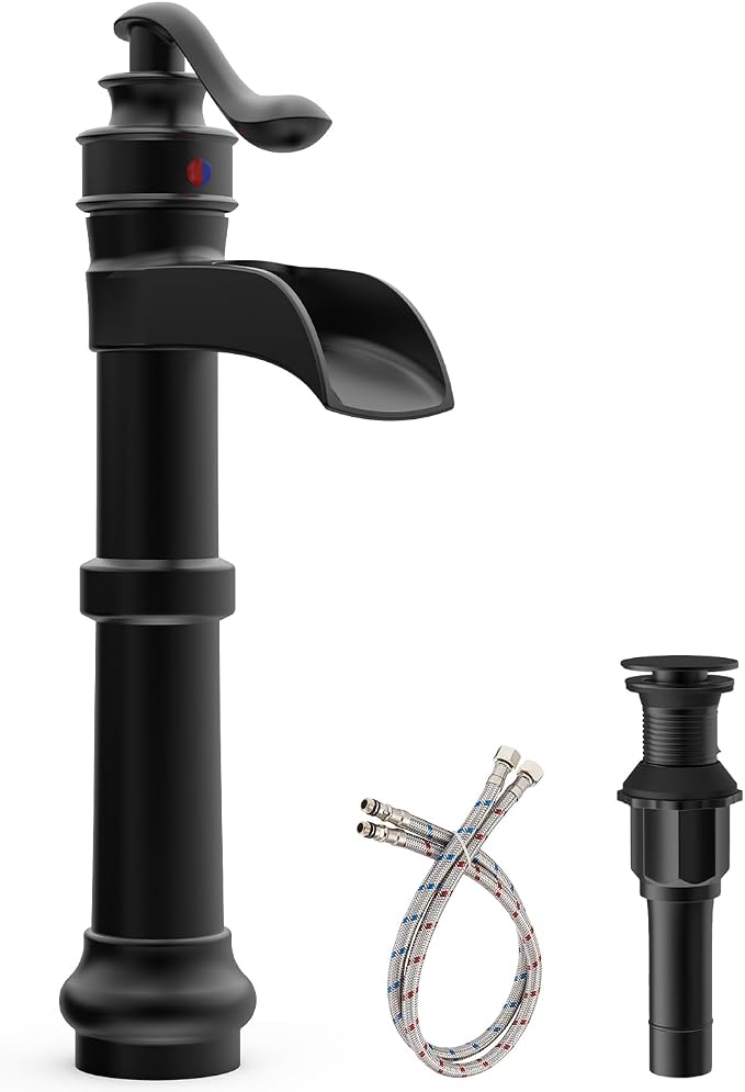 BWE Matte Black Vessel Sink Faucet Waterfall Tall Bathroom Faucet | Single Handle 1 Hole Brass Countertop Lavatory Vanity Mixer Tap with Pop Up Drain and Supply Lines for RV Bar No Overflow