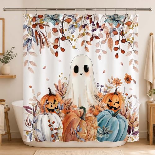 Fall Funny Ghost Shower Curtain, Halloween Pumpkins Harvest Autumn Leaves Decor Bath Curtain, Maple Leaves Spooky Bathroom Accessories Set with Hooks