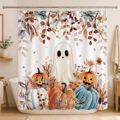 Fall Funny Ghost Shower Curtain, Halloween Pumpkins Harvest Autumn Leaves Decor Bath Curtain, Maple Leaves Spooky Bathroom Accessories Set with Hooks