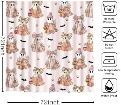MEHOFOND Halloween Pink Patchwork Ghost Shower Curtain Pumpkin Bath Decor