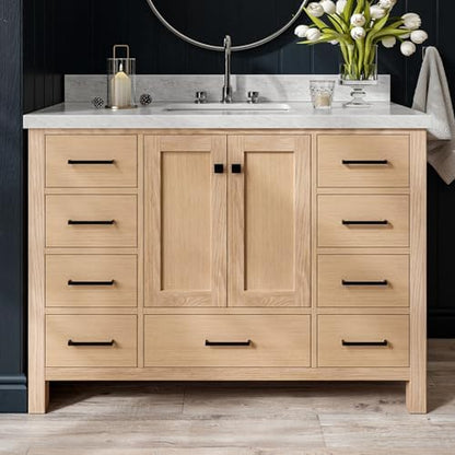 ARIEL Cambridge 48-inch Bathroom Vanity with Sink,Solid Wood, 1.5-inch Italian Carrara Marble Countertop, Single Rectangular Porcelain Sink, 2 Soft Closing Doors, 9 Dovetail Drawers, White Oak