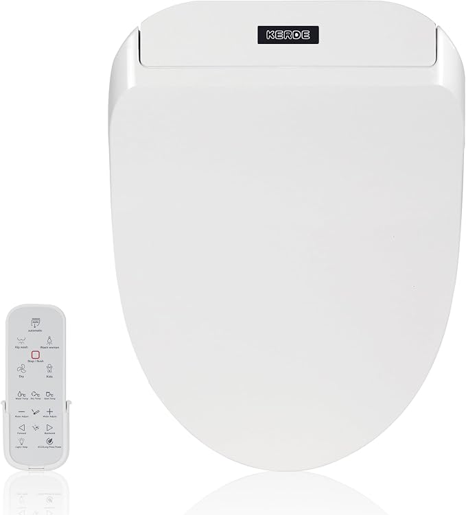 KERDE Electric Toilet Seat, White, Endless Warm Water, Rear and Front Wash, LED Light, Quiet Operation, Wireless Remote,1-click control P30Y.Elongated, for Existing Toilets Bidet