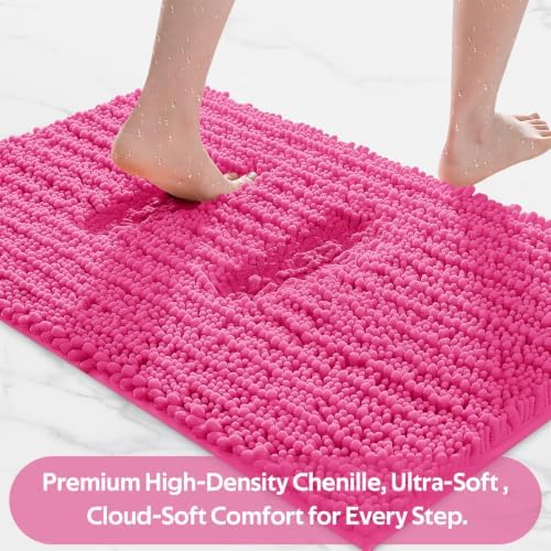 ACCUMTEK Upgrade Extra Large Shiny Pink Bathroom Rug Set 3 Pieces Ultra Soft, Thick Absorbent Bath Mats, Non Slip Chenille Toilet Mat for Bathroom, Bedroom, Kitchen