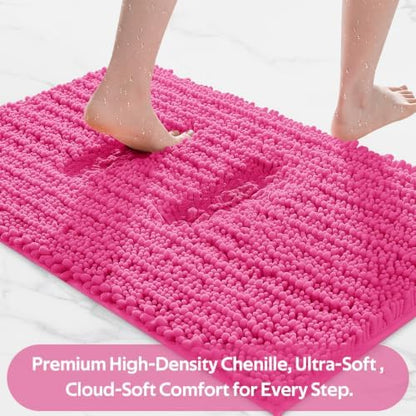 ACCUMTEK Upgrade Extra Large Shiny Pink Bathroom Rug Set 3 Pieces Ultra Soft, Thick Absorbent Bath Mats, Non Slip Chenille Toilet Mat for Bathroom, Bedroom, Kitchen