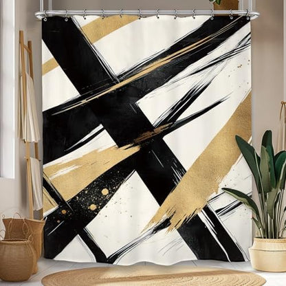Abstract Modern Minimalist Shower Curtain 60Wx72L Inch Black Gold Neutral Contemporary Art Aesthetic Simple Bathroom Set Accessories Decor with 12 Pack Hooks