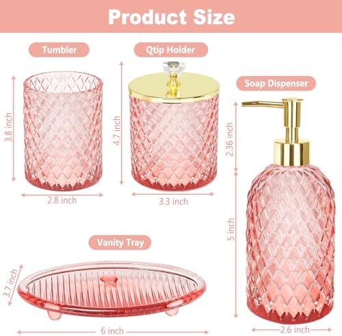 Haturi Glass Bathroom Accessories Set, Light Pink Bathroom Set, 4 Pcs