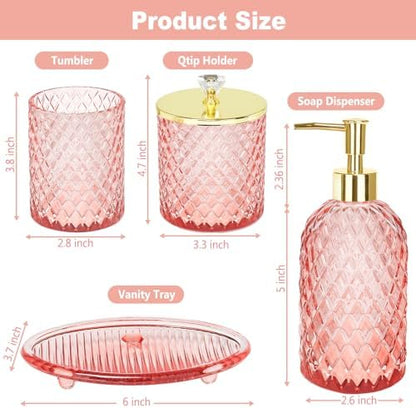 Haturi Glass Bathroom Accessories Set, Light Pink Bathroom Set, 4 Pcs