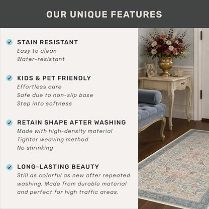 Hazo Haus Natural Red Blue 2'6"x8' Hallway Runner Rug, Boho Kitchen Floor Mat for Indoor Entrance and Bathroom, Washable Vintage Floral & Bird Pattern Decor, Non Slip Rubber Backing
