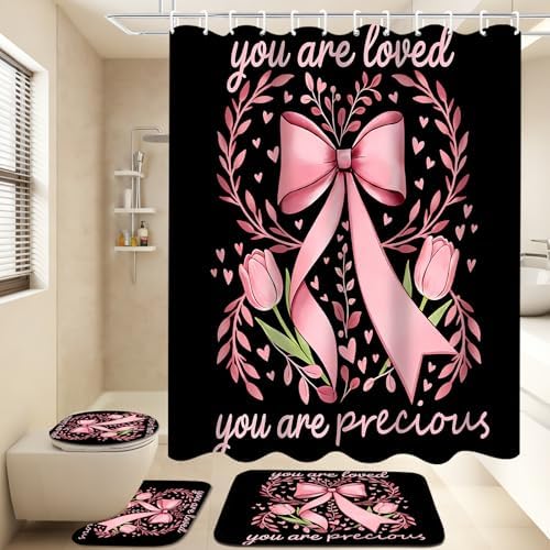 AZHM 4pcs Tulip Bow Bathroom Shower Curtain Set with Rugs and Accessories