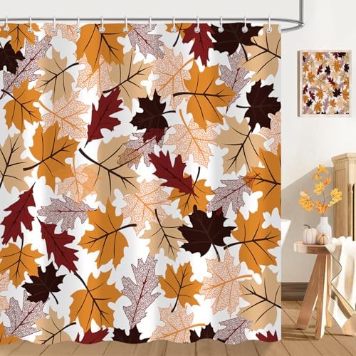 Fall Maple Leaf Shower Curtain, Autumn Thanksgiving Bathroom Decor, 72 x 72 Inch Polyester Fabric Waterproof Bathroom Curtain with 12 Hooks
