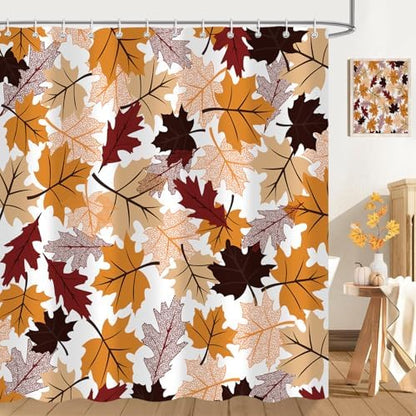 Fall Maple Leaf Shower Curtain, Autumn Thanksgiving Bathroom Decor, 72 x 72 Inch Polyester Fabric Waterproof Bathroom Curtain with 12 Hooks