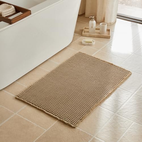 Triohero Waffle Bath Mat, Boho Bathroom Rugs Non Slip Washable, 24x36 Khaki