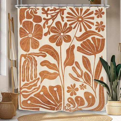 Matisse Flower Shower Curtain 60Wx72L Inch Abstract Retro Aesthetic Minimalist Vintage Art 70s Modern Burnt Orange Bathroom Set Accessories Decor with 12 Pack Hooks