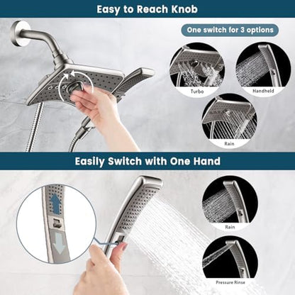 BRIGHT SHOWERS High Pressure Shower Head Combo with Two Spray Setting Fixed Shower Head and Two Spray Settings Handheld Shower Head with Grey Face, Brushed Nickel (Pack of 2)