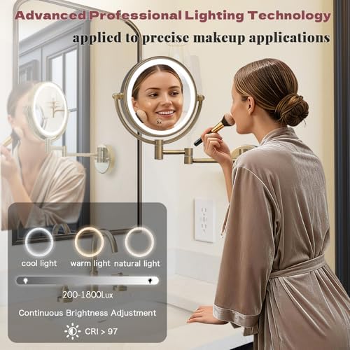 Makeup Mirror Wall Mounted with Lights, 5X Magnification, Antique Brass