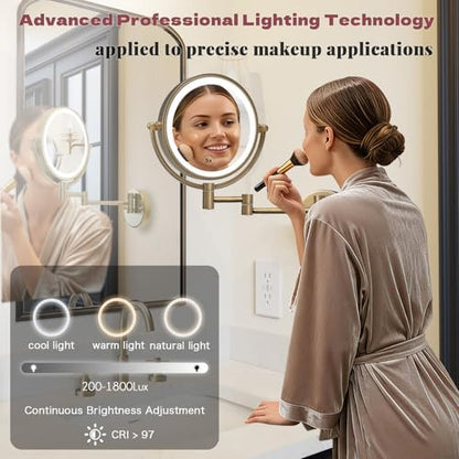 Makeup Mirror Wall Mounted with Lights, 5X Magnification, Antique Brass