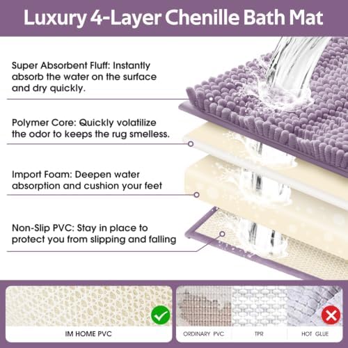 ACCUMTEK Striped Lavender Bathroom Rug Set 3 Pieces Ultra Soft, Non Slip Chenille Toilet Mat, Absorbent Plush Shaggy Bath Mats for Bathroom, Bedroom, Kitchen, Mauve