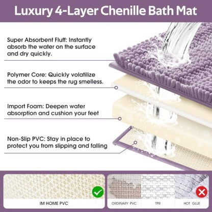 ACCUMTEK Striped Lavender Bathroom Rug Set 3 Pieces Ultra Soft, Non Slip Chenille Toilet Mat, Absorbent Plush Shaggy Bath Mats for Bathroom, Bedroom, Kitchen, Mauve