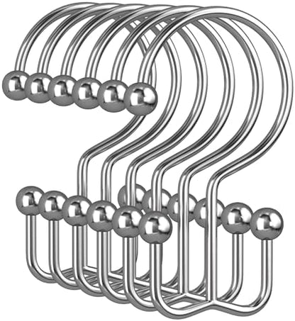Amazer Chrome Shower Curtain Hooks, 12PCS Minimalist Simple Double Shower Curtain Rings, Rust-Resistant Metal Shower Hooks Shower Curtain Hangers, Shower Rings for Bathroom Shower Rods Curtains