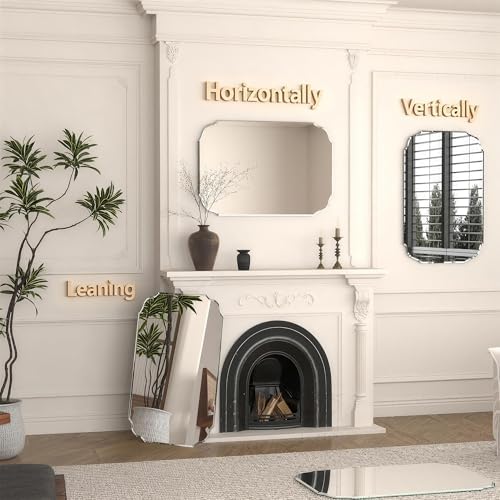 36"x 24" Frameless Beveled Wall Mirror Silver Scalloped Edge Vanity Mirror for Bathroom, Bedroom, Entryway, Modern Rectangle Wall Mounted Decorative Mirror with Shatter-Resistant Glass