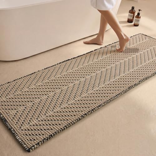 Sunfly Waffle Runner Bath Mat，Long Bathroom Rugs Non Slip Washable, Ultra Soft Super Absorbent Quick Dry Boho Farmhouse Bathroom Decor, 24" x 72", Black &Khaki