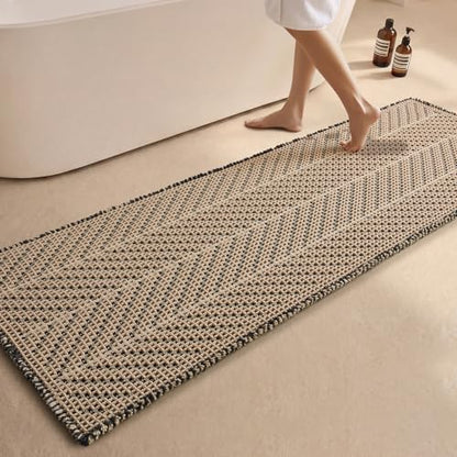 Sunfly Waffle Runner Bath Mat，Long Bathroom Rugs Non Slip Washable, Ultra Soft Super Absorbent Quick Dry Boho Farmhouse Bathroom Decor, 24" x 72", Black &Khaki
