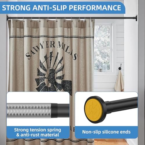 CorkLatta Matte Black Shower Curtain Rod,1 Inch Diameter Stainless Steel Adjustable Spring Tension Rods 32 to 80",with Holders,Anti-Slip,Curtain Rods No Drilling(1 Pack)